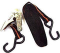 Woven webbing straps with hooks on each end and a ratchet to tighten.  For fixing para-athlete throwing frames and chairs to the ground