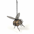 River rock bumble bee garden hanger with custom hand-formed metal wings and heavy hanging chain, weathered patina finish