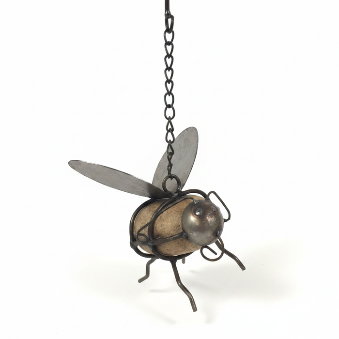 River rock bumble bee garden hanger with custom hand-formed metal wings and heavy hanging chain, weathered patina finish