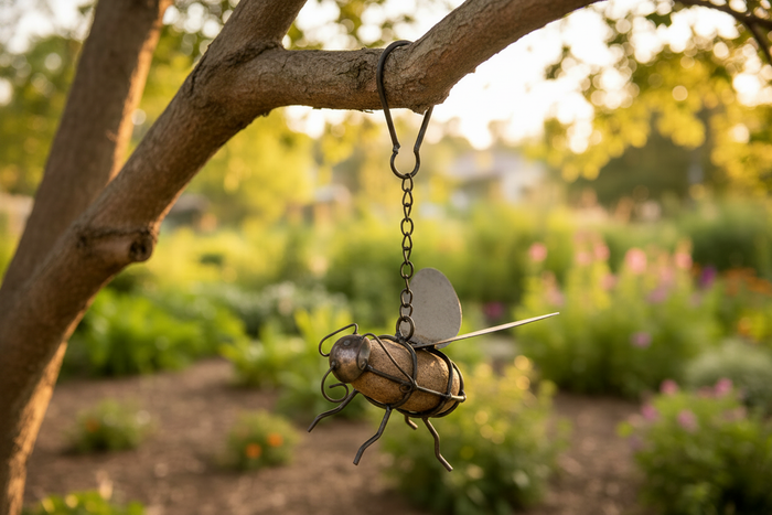 River rock bumble bee garden hanger with custom hand-formed metal wings and heavy hanging chain, weathered patina finish Hanging Tree