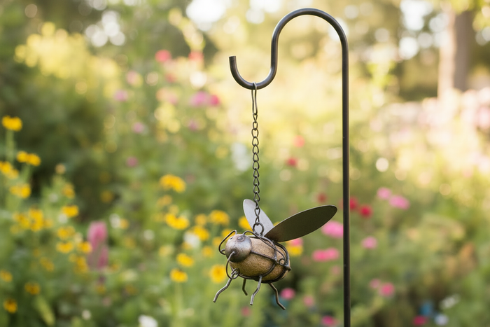 River rock bumble bee garden hanger with custom hand-formed metal wings and heavy hanging chain, weathered patina finish Shepherd's hook full brightness