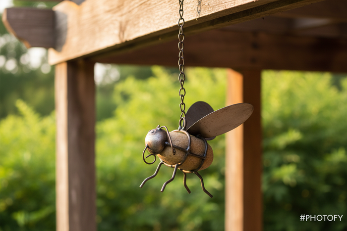 River rock bumble bee garden hanger with custom hand-formed metal wings and heavy hanging chain, weathered patina finish Porch zoomed bokeh