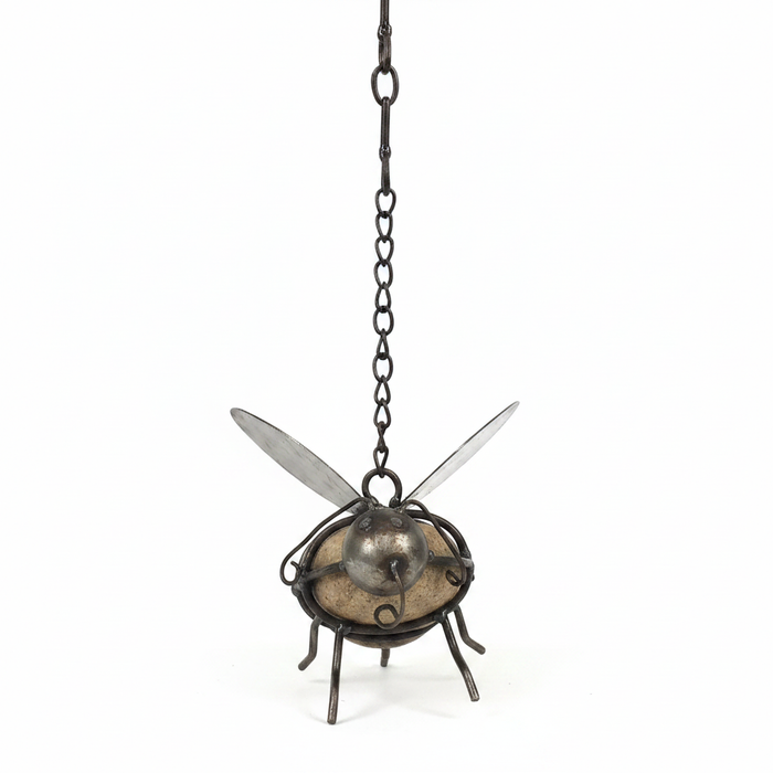 River rock bumble bee garden hanger with custom hand-formed metal wings and heavy hanging chain, weathered patina finish Front-facing white background