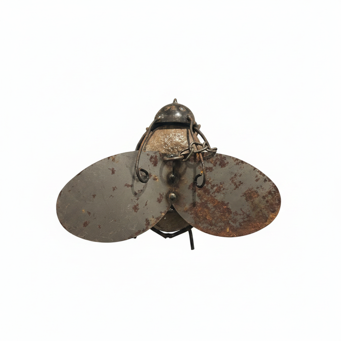 River rock bumble bee garden hanger with custom hand-formed metal wings and heavy hanging chain, weathered patina finish Wings View