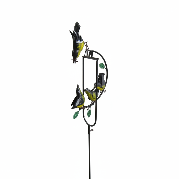 Hand-painted metal mama finch with baby birds garden stake rocker on white background – kinetic outdoor bird sculpture, weather-resistant decorative garden art, 51 inches tall, by GoodStuff Co