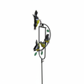 Hand-painted metal mama finch with baby birds garden stake rocker on white background – kinetic outdoor bird sculpture, weather-resistant decorative garden art, 51 inches tall, by GoodStuff Co