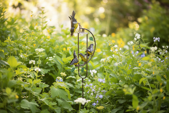 Hand-painted metal rocking finch with babies on garden stake displayed in a lush green garden with wildflowers and natural sunlight – kinetic bird garden sculpture that moves in the breeze, decorative outdoor yard art for bird lovers