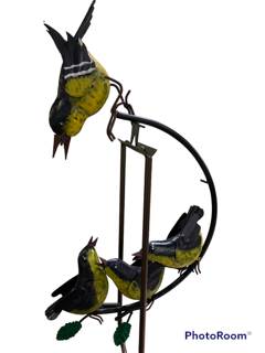 Metal rocking finch with babies on garden stake – decorative hand-painted mama finch and baby birds outdoor sculpture, weather-resistant kinetic garden art, stabilizer foot included, by Steel Heart Ltd