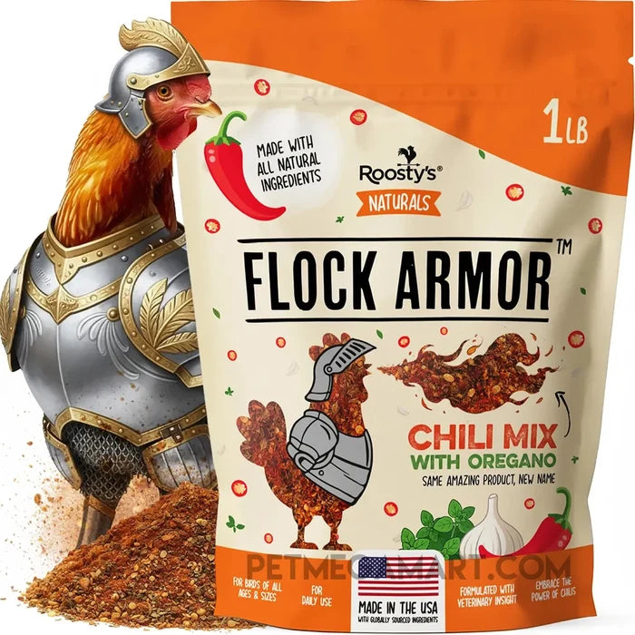 Roosty’s Flock Armor natural chili mix with oregano for chicken gut health and daily worm defense support