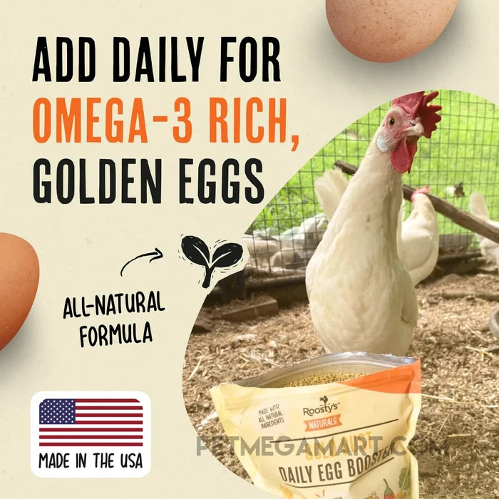 White hen beside an open Roosty’s Gold Dust pouch promoting daily use for omega-3-rich golden eggs
