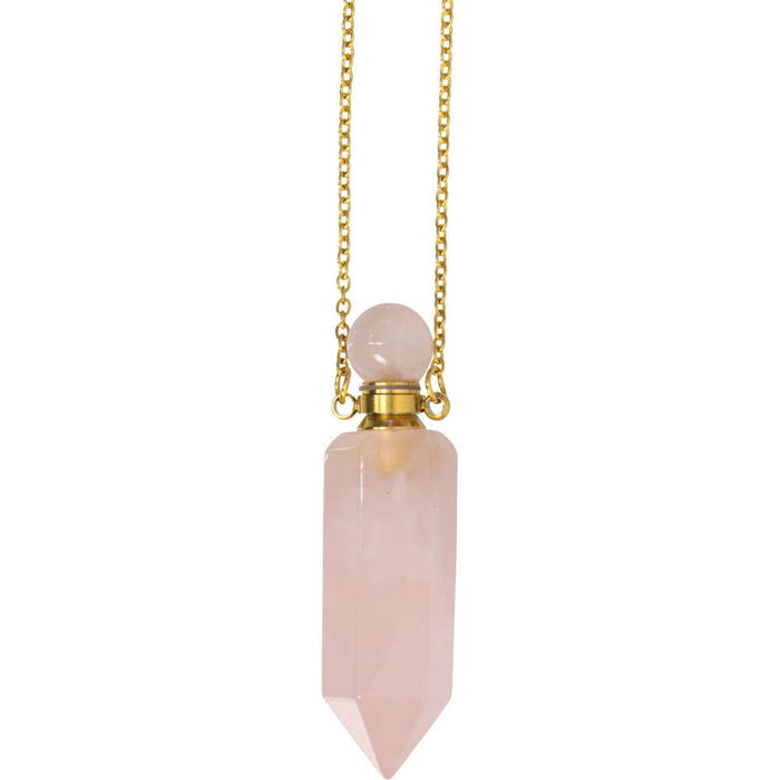 Necklace with a pink crystal pendant on a white background