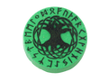 green circular bath bomb with black glitter runic tree of life design painted on top