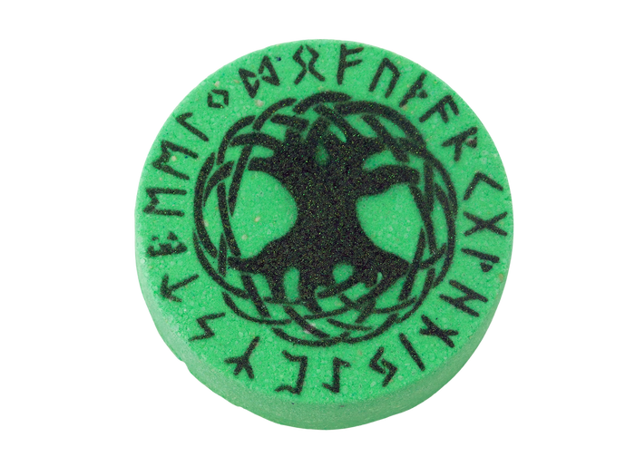 green circular bath bomb with black glitter runic tree of life design painted on top
