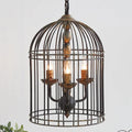 Rustic metal bird cage pendant lamp with distressed finish and candelabra bulb holders, hanging by chain
