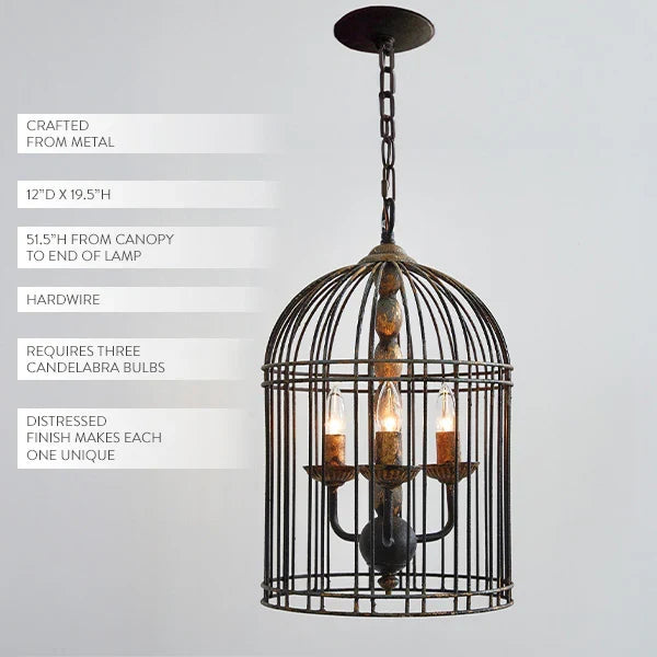 Rustic metal bird cage pendant lamp with distressed finish and candelabra bulb holders, hanging by chain dimensions