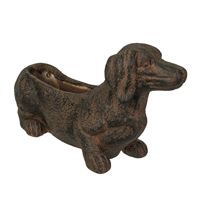 Rustic brown stone-finish dachshund dog planter in durable resin with drainage hole, white background second view