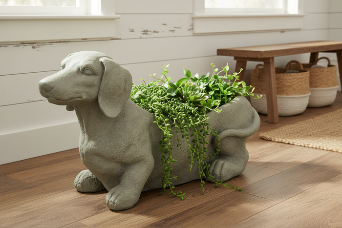 Rustic grey distressed stone-finish dachshund dog planter in durable magnesium oxide with drainage, displayed in rustic farmhouse trailing succulents