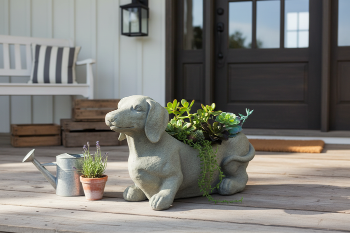 Rustic grey distressed stone-finish dachshund dog planter in durable magnesium oxide with drainage, displayed on a farmhouse porch with trailing succulents