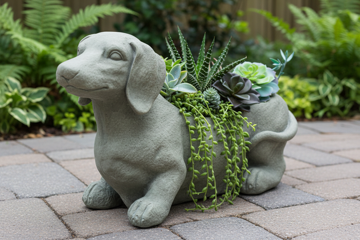 Rustic grey distressed stone-finish dachshund dog planter in durable magnesium oxide with drainage, displayed on garden patio