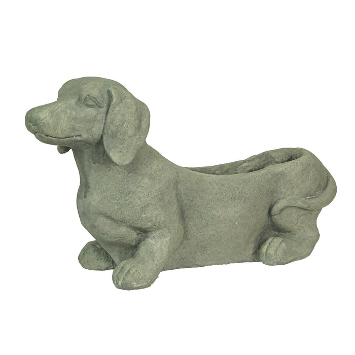 Rustic grey distressed stone-finish dachshund dog planter in durable magnesium oxide with drainage, white background