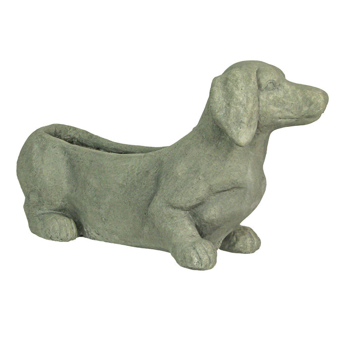 Rustic grey distressed stone-finish dachshund dog planter in durable magnesium oxide with drainage, white background side view