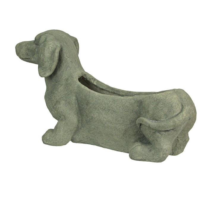Rustic grey distressed stone-finish dachshund dog planter in durable magnesium oxide with drainage, white background back view