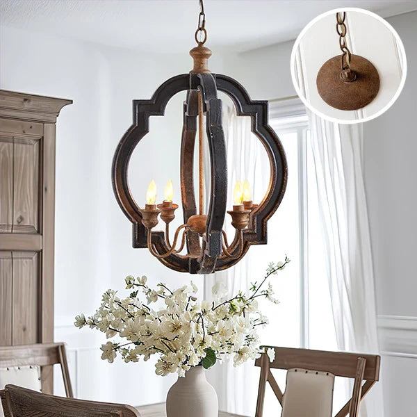 Rustic farmhouse bird cage pendant lamp in distressed metal finish with three candelabra bulb holders, hanging by decorative chain full view