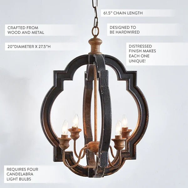Rustic farmhouse bird cage pendant lamp in distressed metal finish with three candelabra bulb holders, hanging by decorative chain description and dimensions
