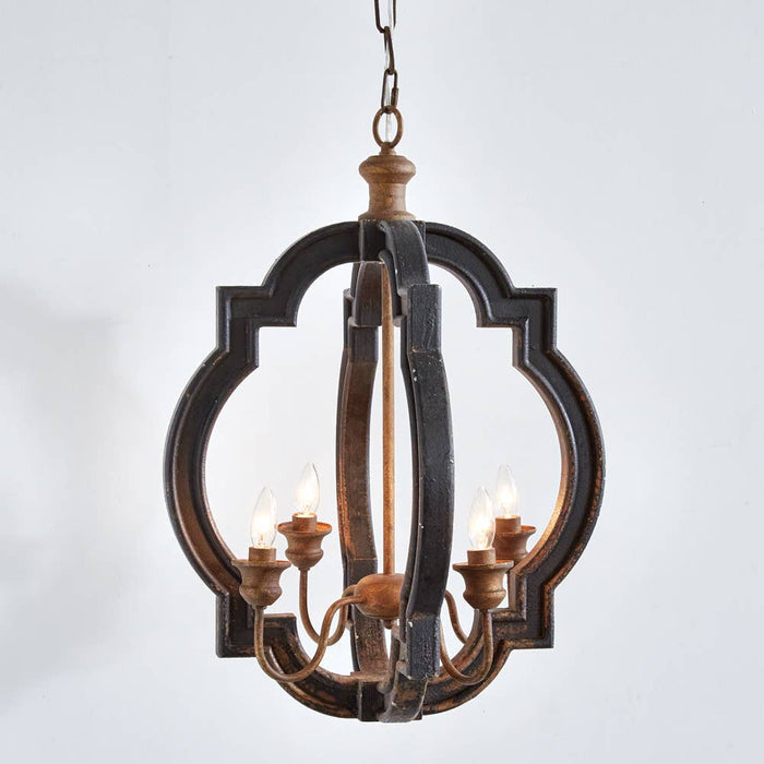 Rustic farmhouse bird cage pendant lamp in distressed metal finish with three candelabra bulb holders, hanging by decorative chain full view