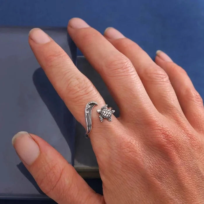 Sea Turtle and Wave Adjustable Ring