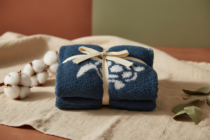 Sea Turtle Dream Baby Blanket in navy and white on warm natural linen surface with eucalyptus