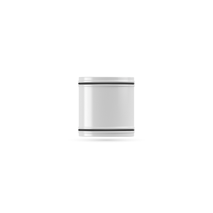 A silver, cylindrical metal object with black bands, resembling the Tappwater ShowerPro Rain SMR Refills, is centered on a white background.