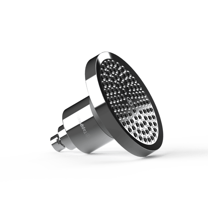 A chrome ShowerPro Rain shower head with a circular, perforated face is angled on a light gray background. The product name ShowerPro Rain appears in the lower left corner, highlighting its advanced shower filters for cleaner, filtered water.
