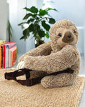 Sloth furry backpack front view showing adorable sleepy-eyed sloth face with ultra-soft brown plush fur exterior, white background