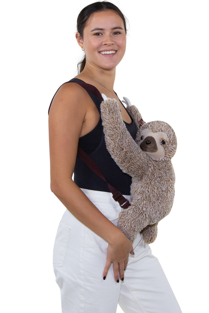 Sloth furry backpack back view showing padded adjustable shoulder straps and top carry handle, white background