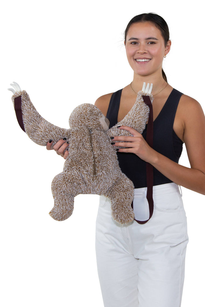 Sloth furry backpack open showing spacious fabric-lined interior compartment, white background