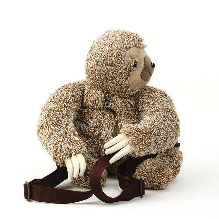Close-up of sloth furry backpack face showing lifelike ultra-soft fur texture, sleepy eyes, and sweet embroidered smile, white background