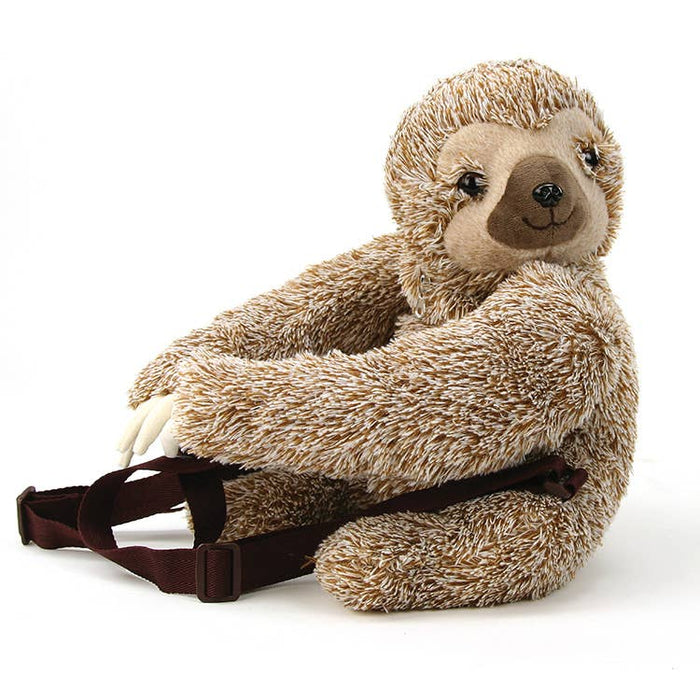 Sloth furry backpack flat lay showing full size and soft brown plush exterior on white background