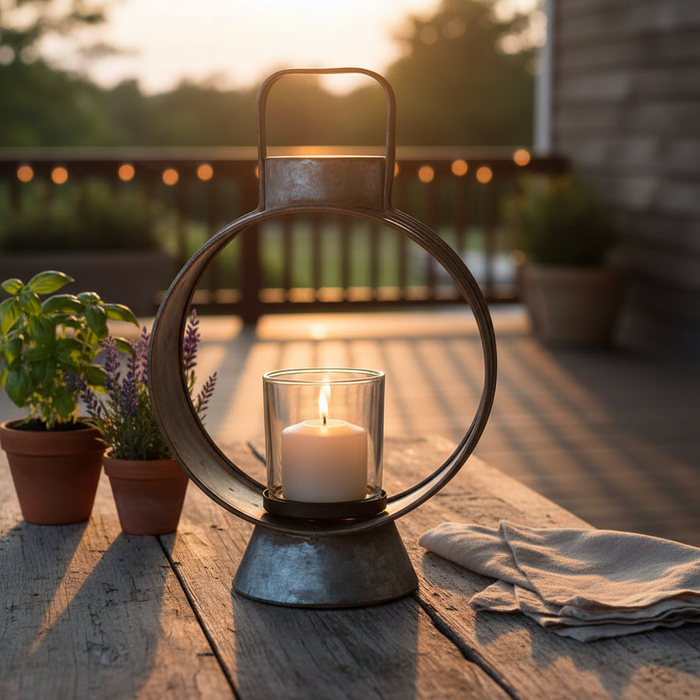 Small workman's lantern on an outdoor weathered wood porch table at dusk with potted herbs and linen napkin, warm golden candlelight