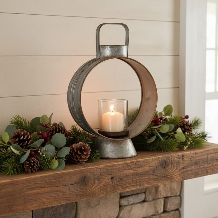 Small workman's lantern styled on a rustic farmhouse mantelpiece with greenery and pine cones, warm candlelight glowing inside glass chimney