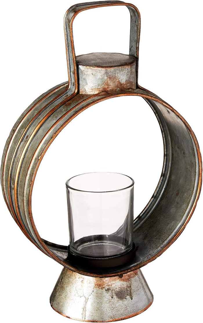 Small workman's lantern front view showing circular galvanized metal frame, carry handle, flared base, and empty glass chimney on white background