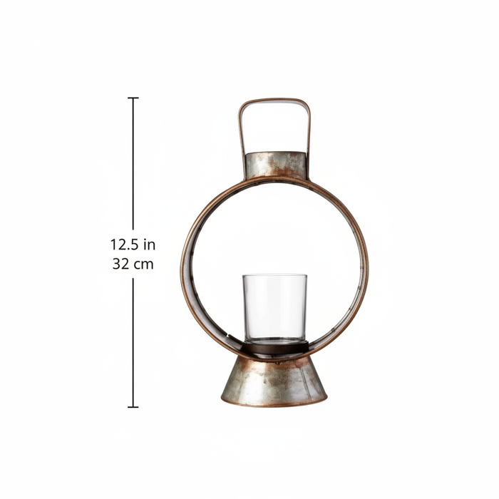 Small workman's lantern size reference showing 12.5 inch / 32 cm height with measurement line, circular galvanized metal frame with carry handle and glass chimney on white background
