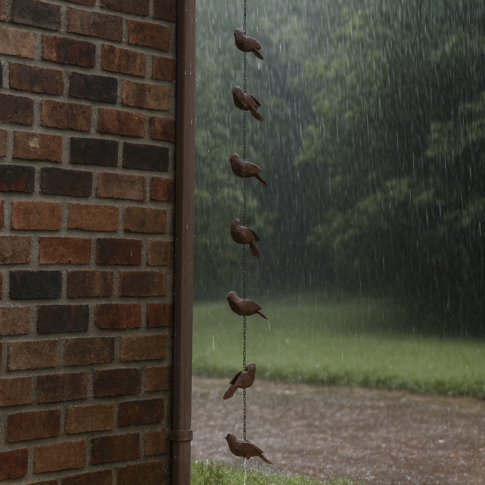 Sparrow rain chain hanging alongside a brick building in heavy rain, showing cascading metal sparrow figures with green garden in background