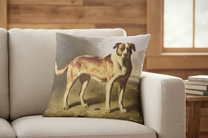 St. Bernard oil painting art print throw pillow displayed on a neutral linen sofa in a cozy rustic farmhouse living room – 18x18 inch cotton accent pillow, perfect gift for dog lovers and home decor enthusiasts