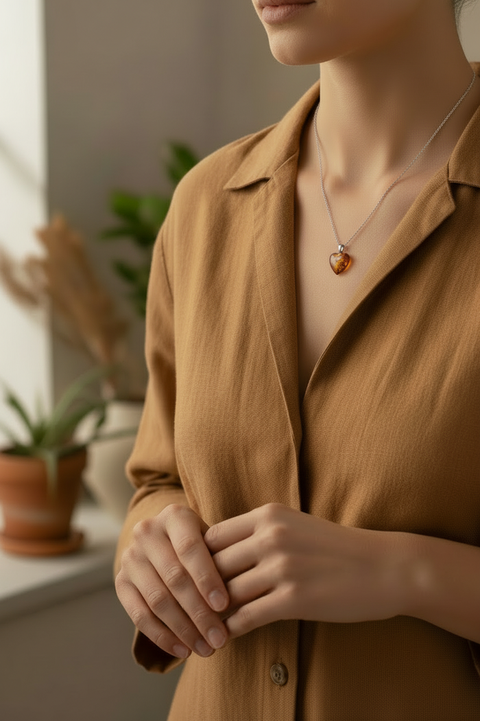 Woman wearing sterling silver Baltic amber heart necklace with cognac amber pendant over a tan linen shirt, soft natural light
