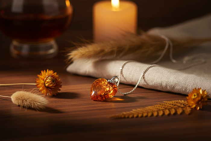 Sterling silver Baltic amber heart pendant necklace laid on a wood surface beside dried flowers and a glowing candle in warm candlelight
