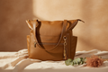 Lillian diaper bag in Cognac brown vegan leather on warm natural linen surface with eucalyptus