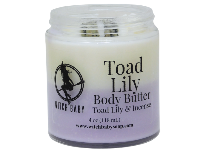 Jar of 'Toad Lily' body butter with a label on a white background