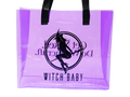 witch baby logo on one side of purple translucent tote bag with black handles
