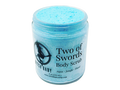 aqua blue shimmering thick moisturizing body scrub with clear lbale that reads: Two of Swords Body Scrub. Aqua - Jungle - Floral.